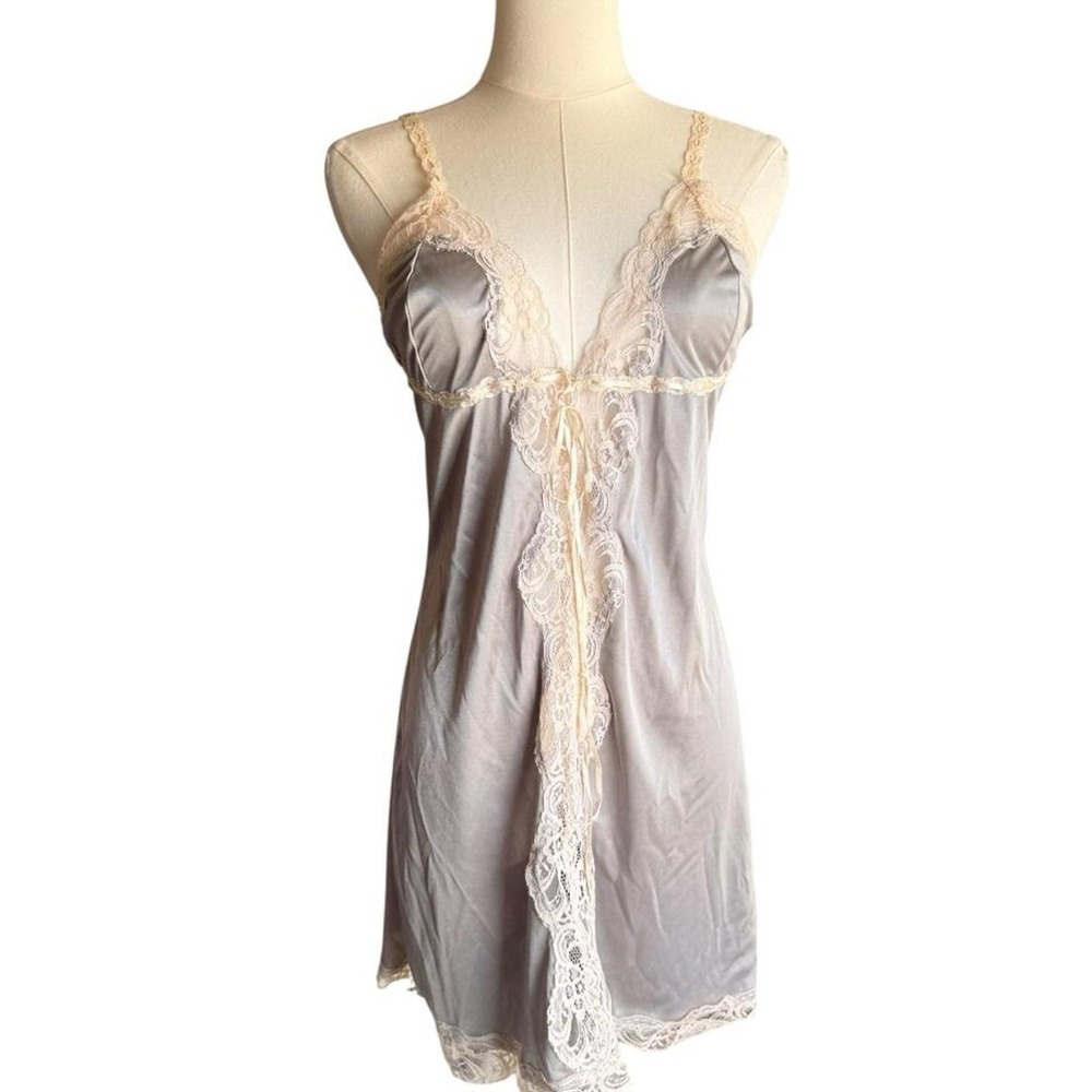 Sparkle & Fade Gray Lace Trim Slip Dress with Cream Lace Trim